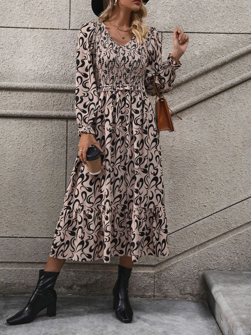 Printed V-Neck Long Sleeve Midi Dress, image 4