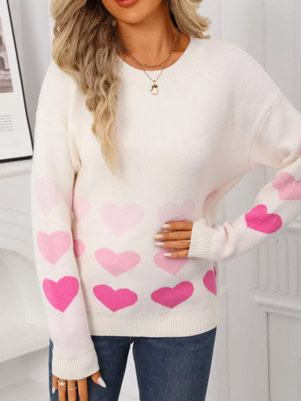 Valentine's Day Heart Pattern Crew Neck Sweater, image 3