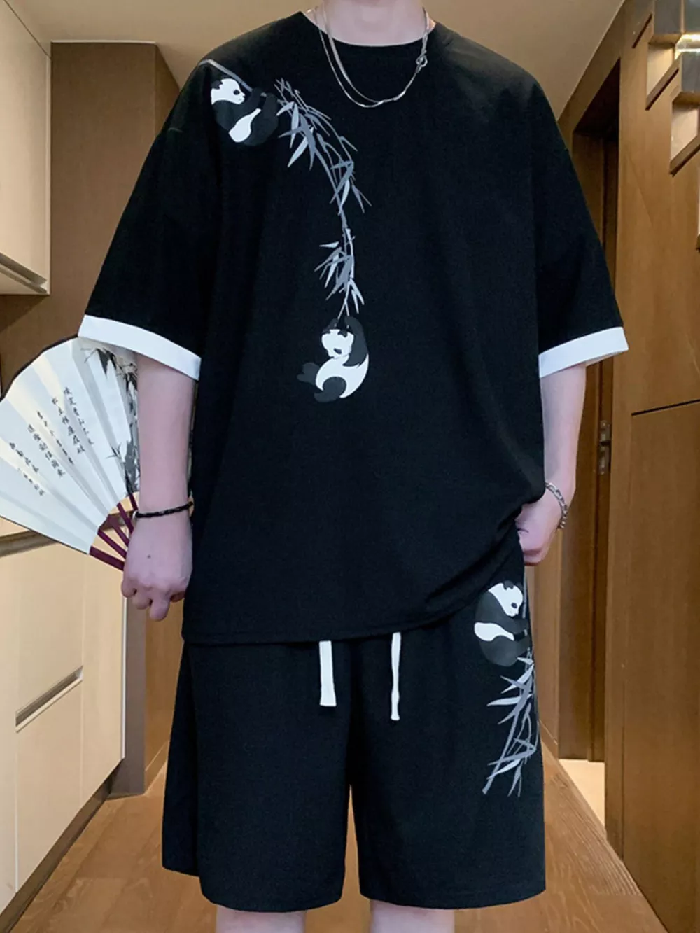 Men's Full Size Panda Bamboo Print Tee and Shorts Set Plus Size, image 3