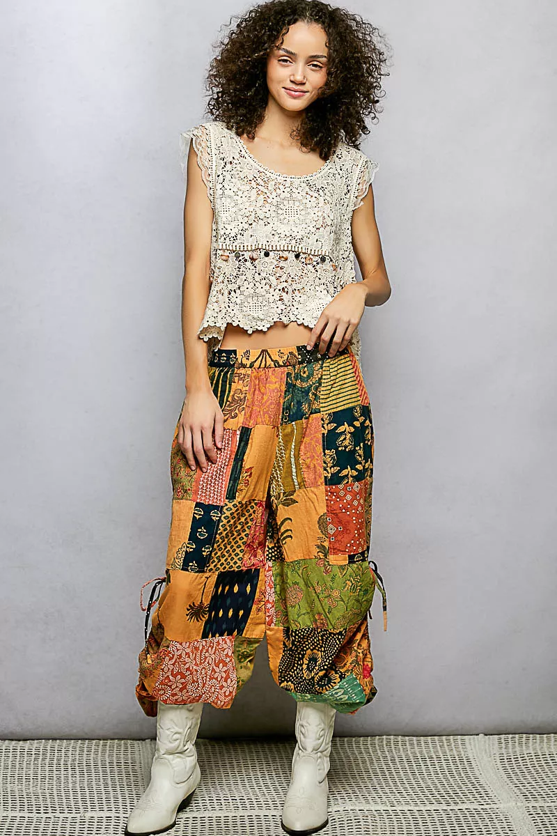 Printed Patchwork Wide Leg Pants with Adjustable Side Drawstring, image 6