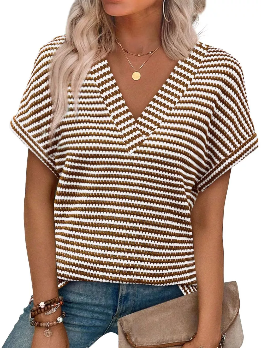Striped V-Neck Relaxed Fit T-Shirt, image 8
