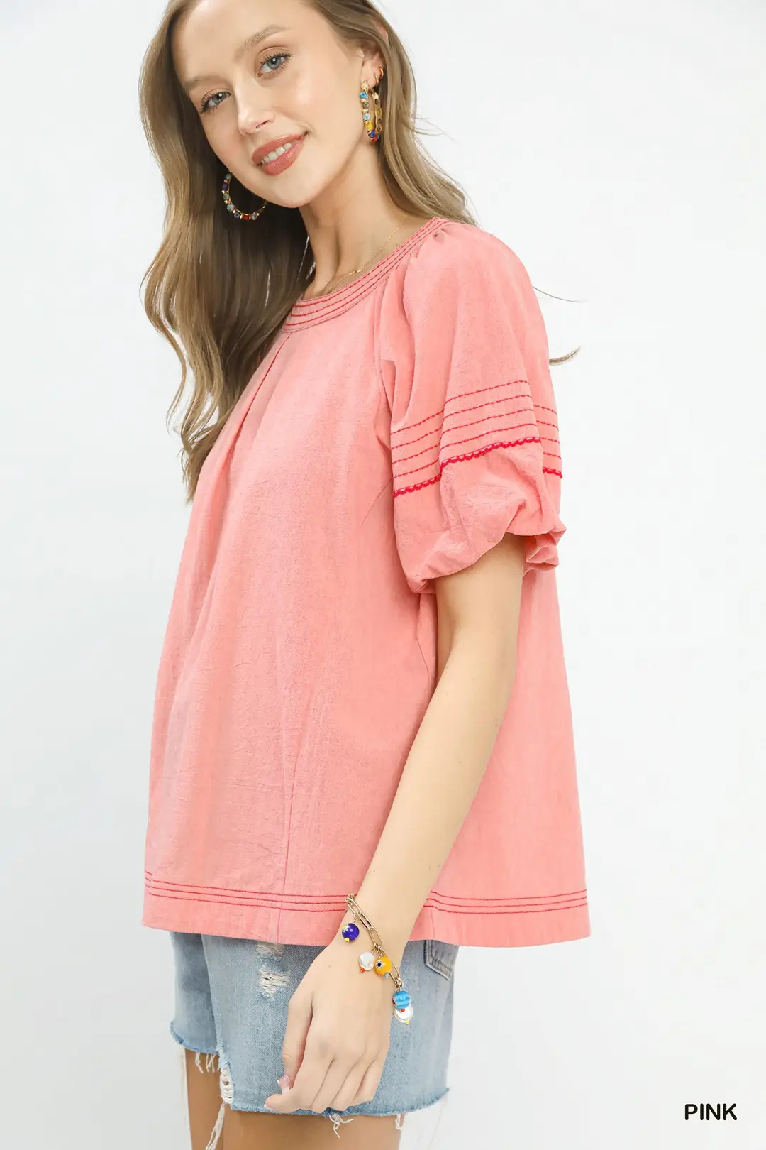 Round Neck Puff Sleeve Top with Contrast Stitch Detail, image 4