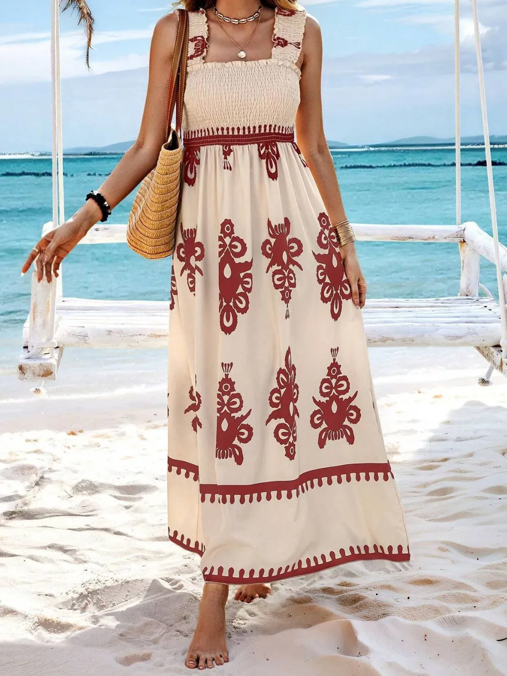 Smocked Printed Wide Strap Maxi Dress, image 16
