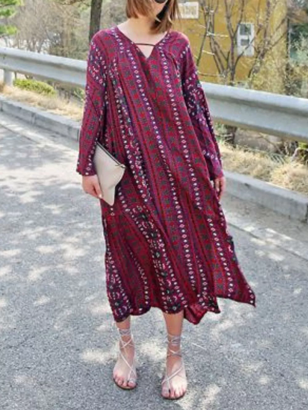 Bohemian Print Midi Dress with Side Slits, image 3