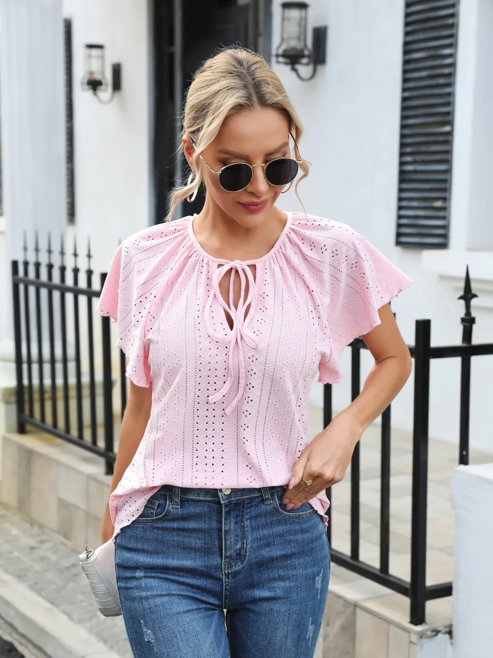 Eyelet Tie Neck Flutter Sleeve Blouse, image 2