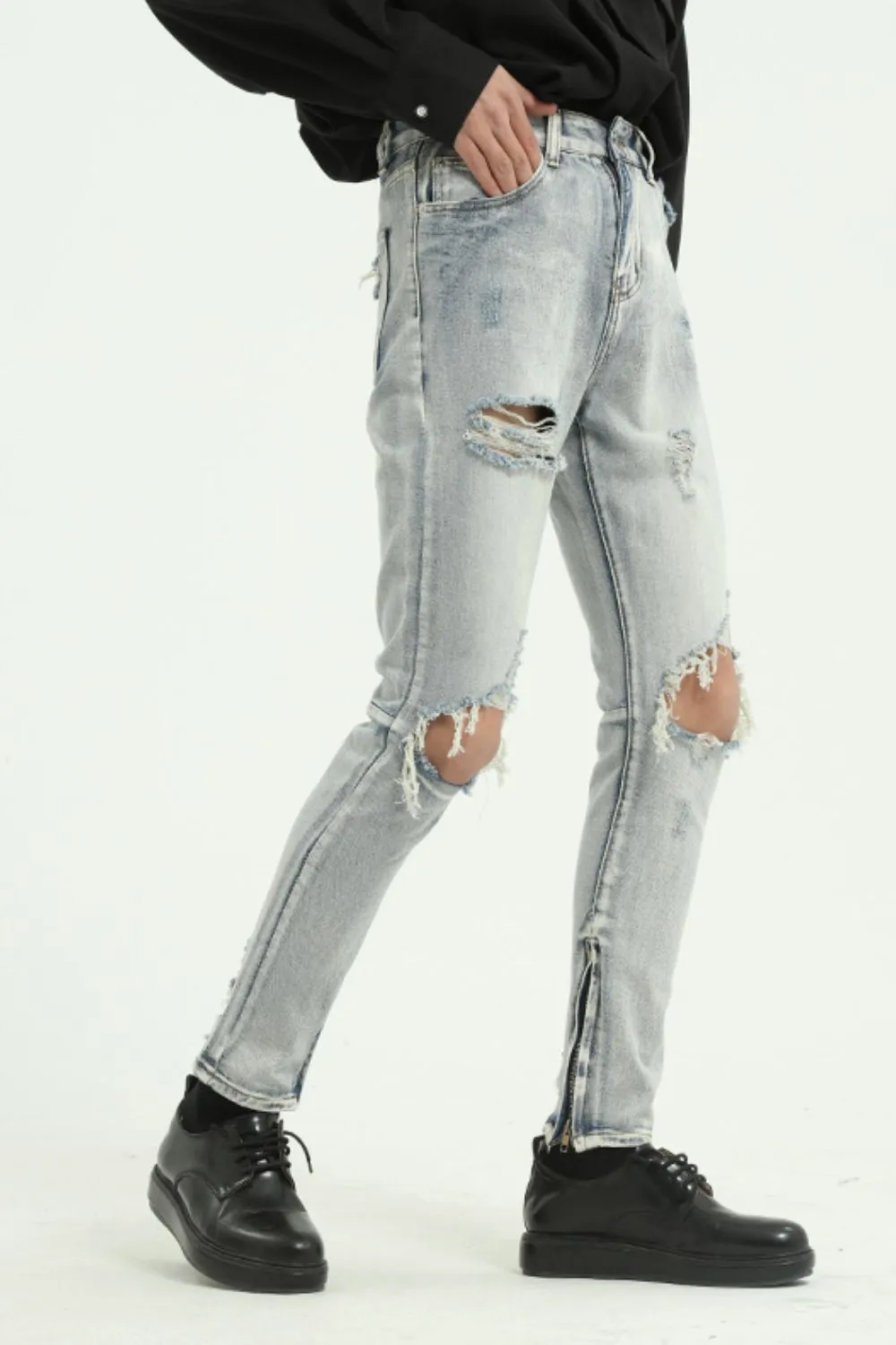 Pocketed Distressed Jeans with Side Zip, image 2