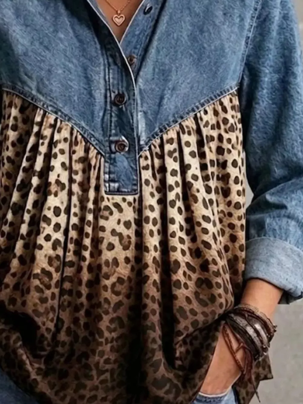 Full Size Leopard Button Detail Blouse Plus Size, image 4