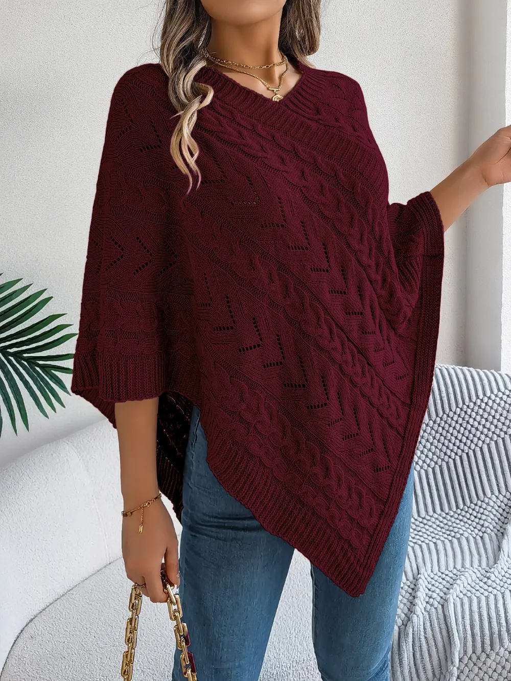 Cable-Knit Openwork Three-Quarter Sleeve Sweater, image 15