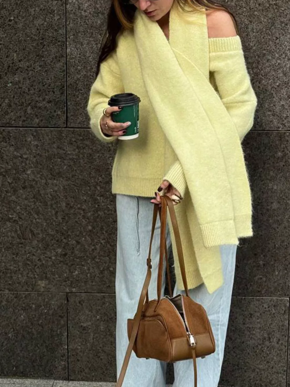 Oversized V-Neck Dropped Shoulder Sweater with Scarf, image 14