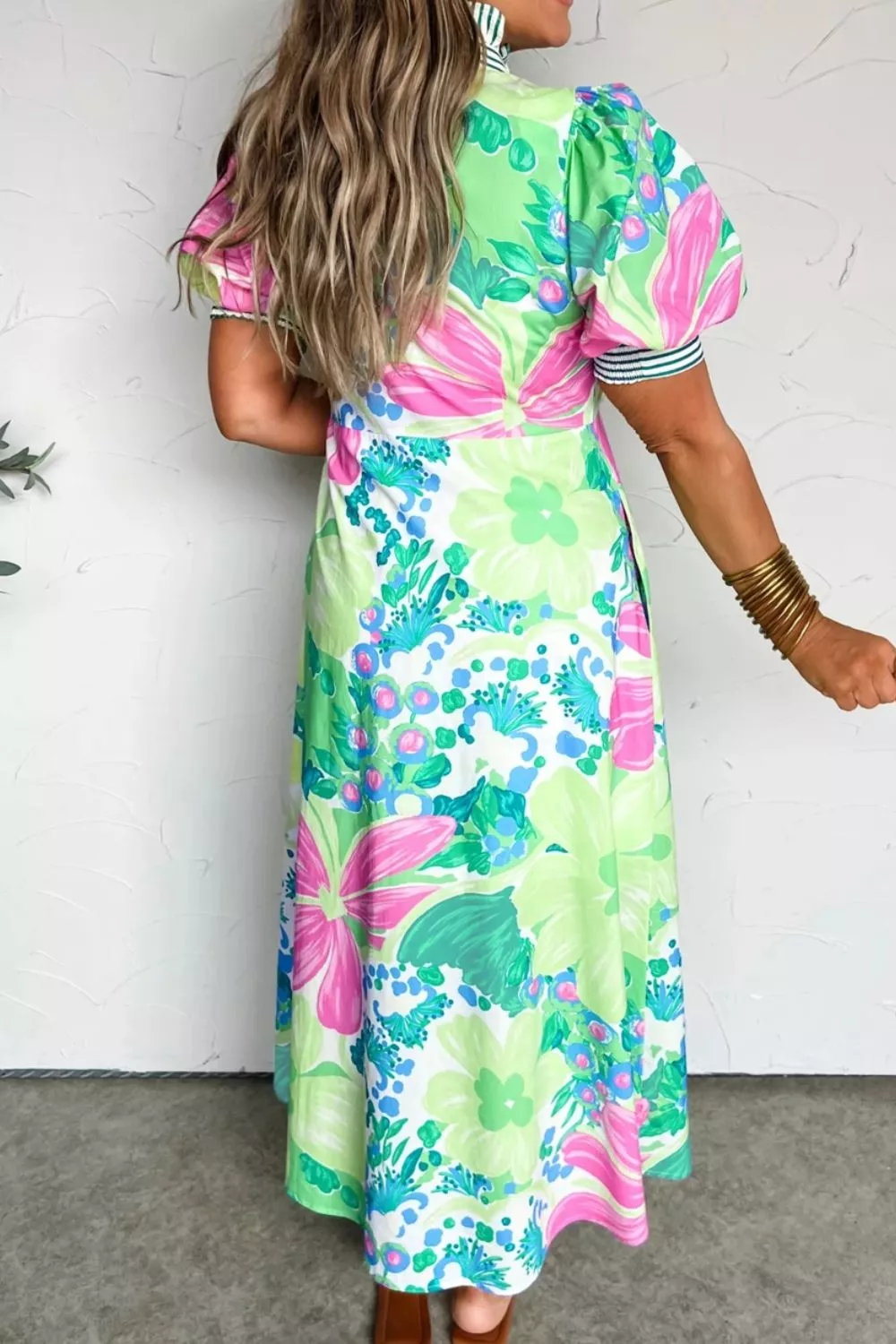 Floral Print Button-Up Midi Dress with Puff Sleeves, image 5