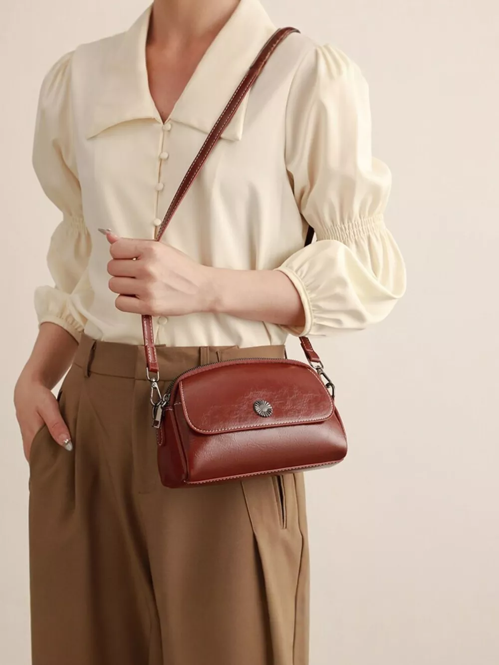 PU Leather Crossbody Bag with Metal Emblem Detail, image 6