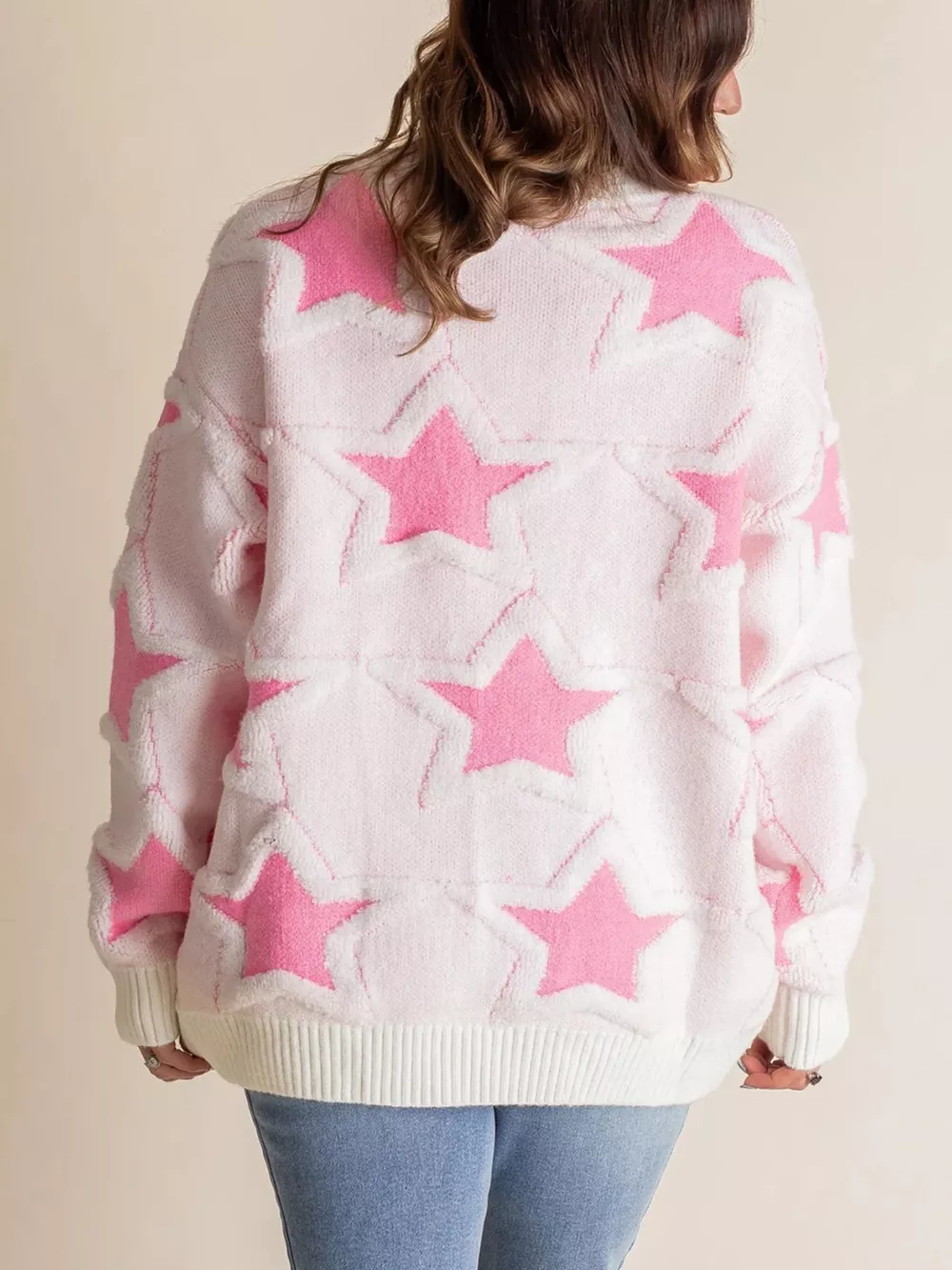 Oversized Star Pattern Ribbed Edge Drop Shoulder Sweater, image 3