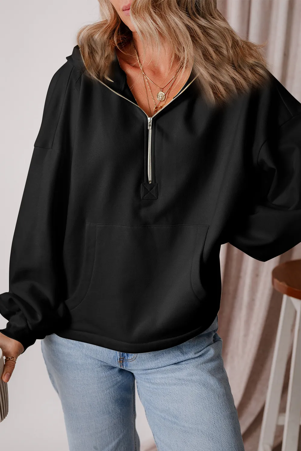 Pocketed Half Zip Dropped Shoulder Hoodie, image 19