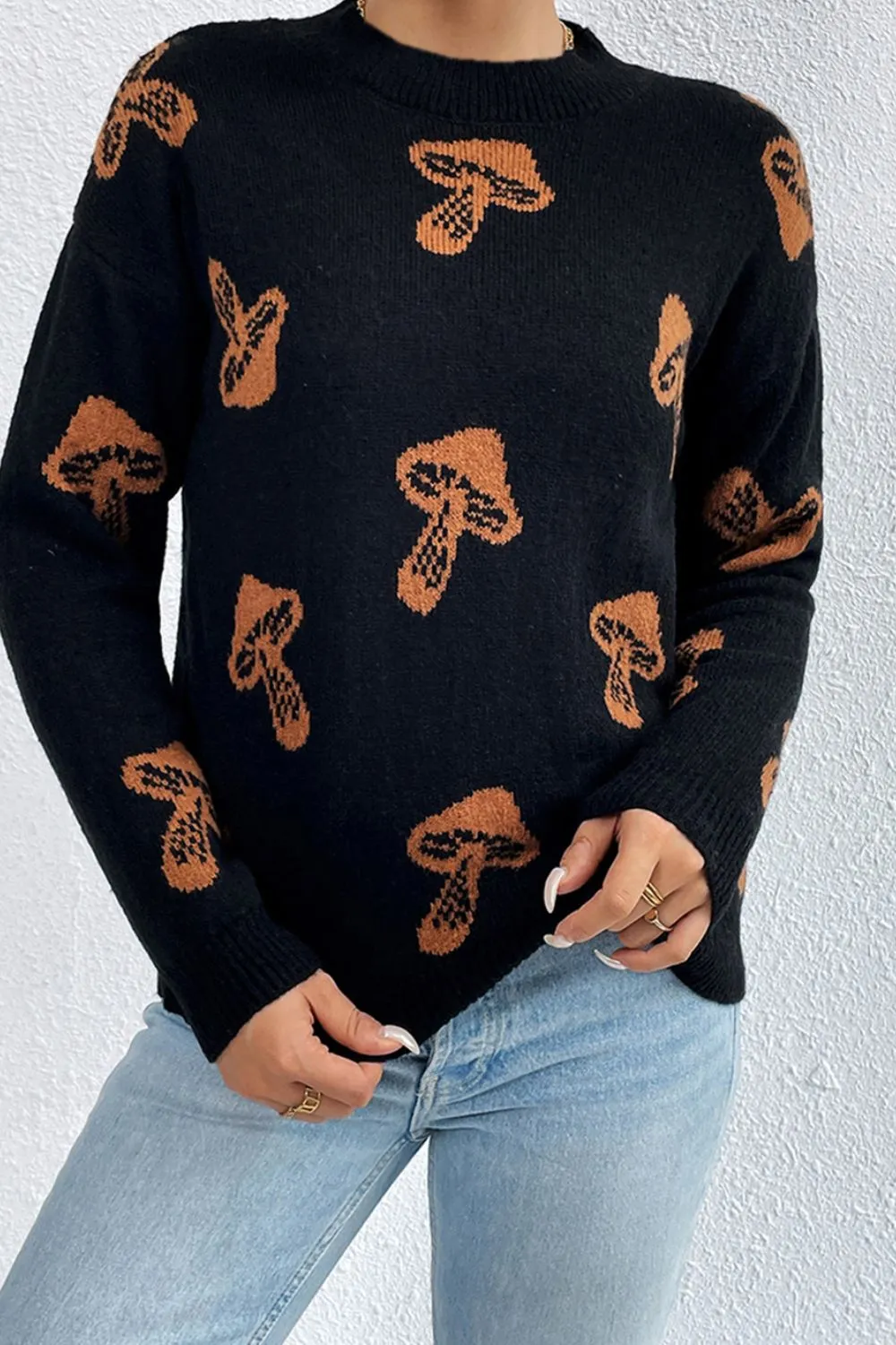 Graphic Mock Neck Dropped Shoulder Sweater, image 6