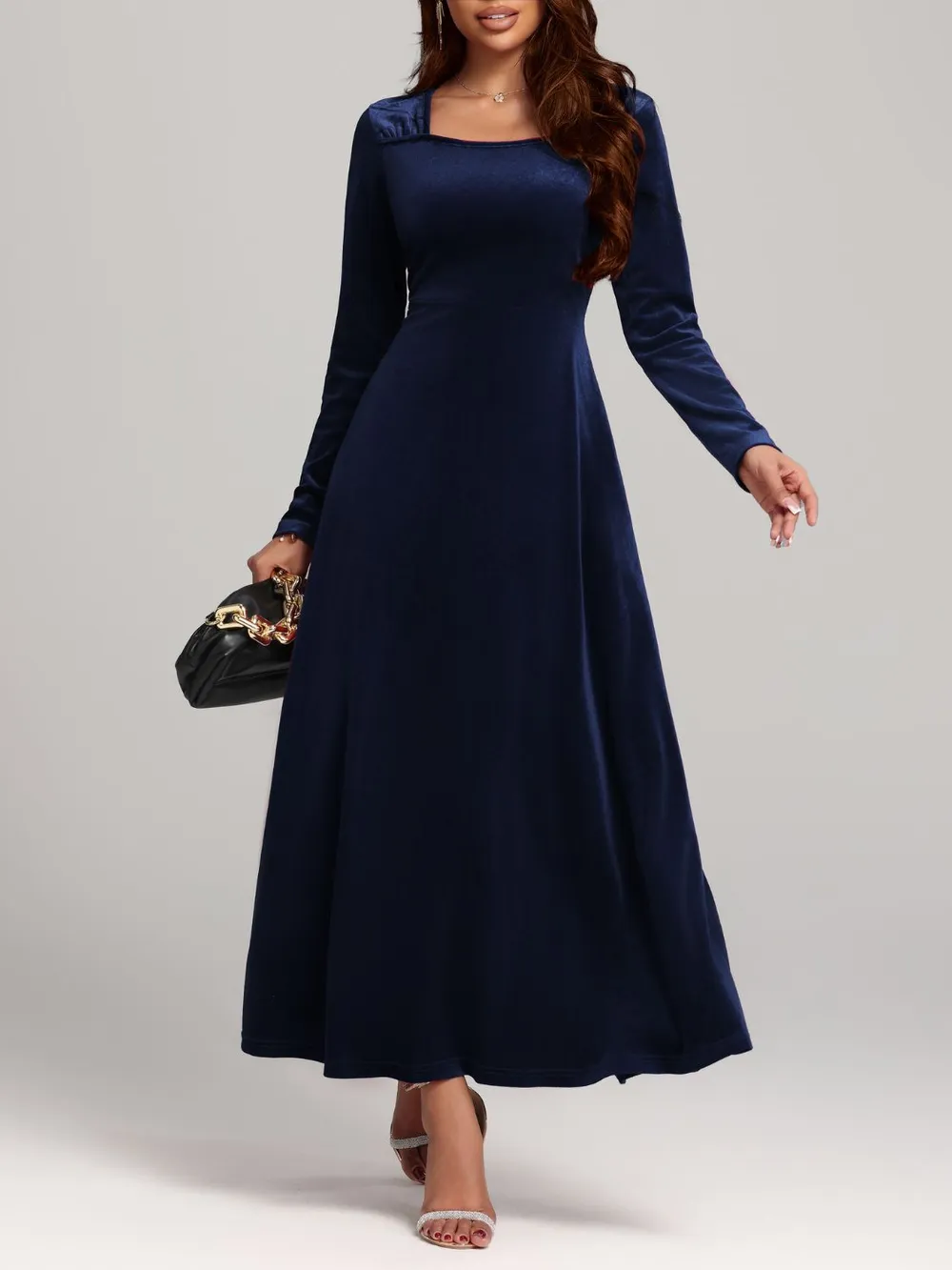Square Neck Long Sleeve Velvet Dress, image 9