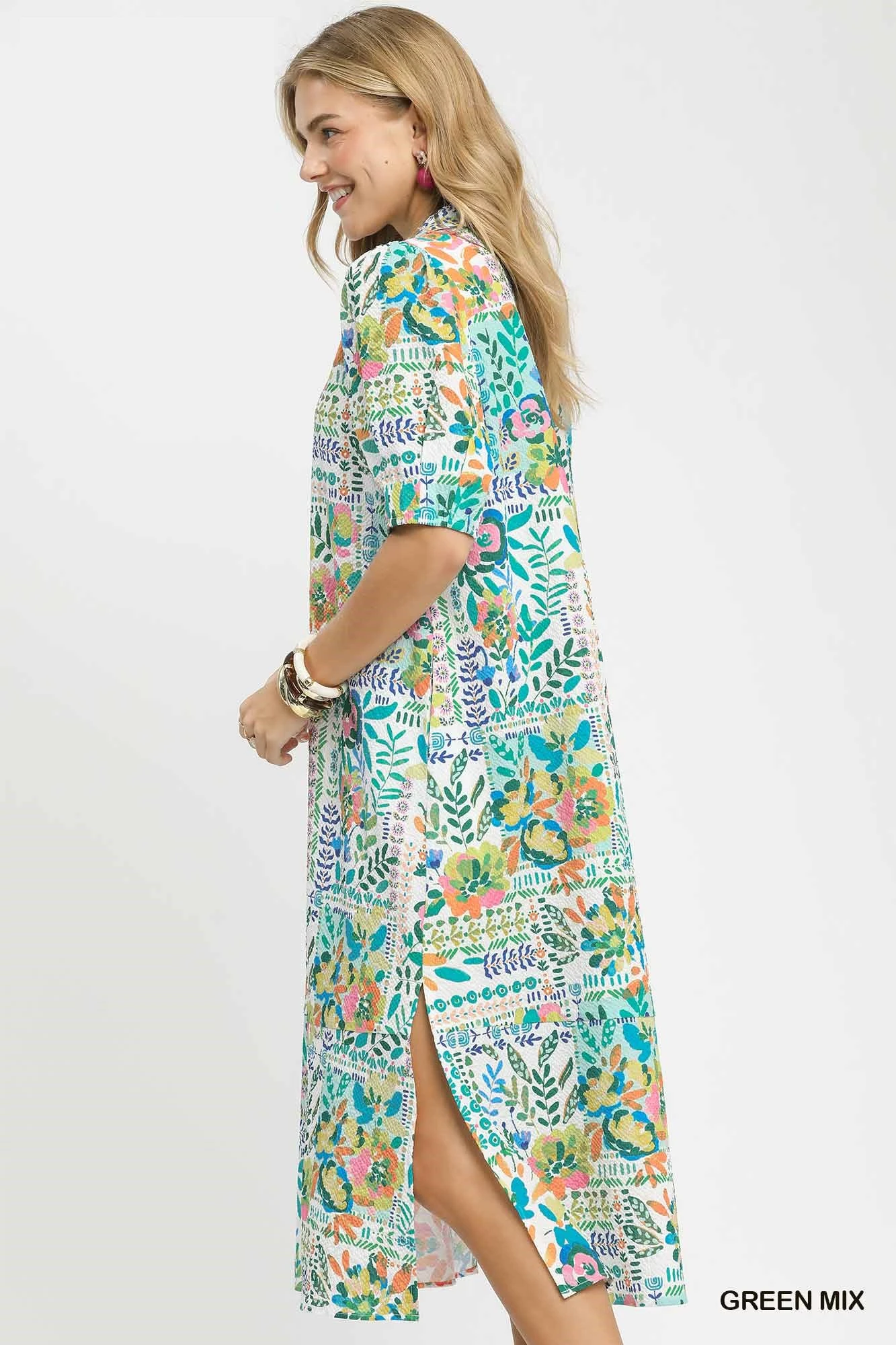Folk Print Midi Dress with Side Pockets, image 2