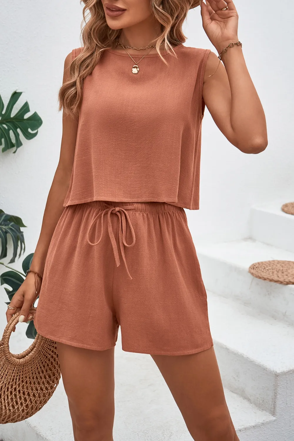 Round Neck Top and Drawstring Shorts Set, image 8