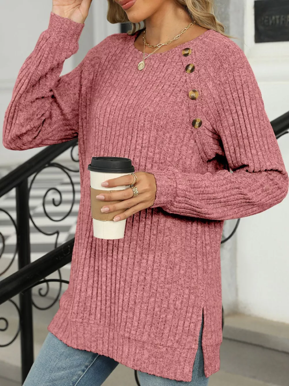 Round Neck Side Slit Ribbed Knit Top with Asymmetric Button Detail, image 27