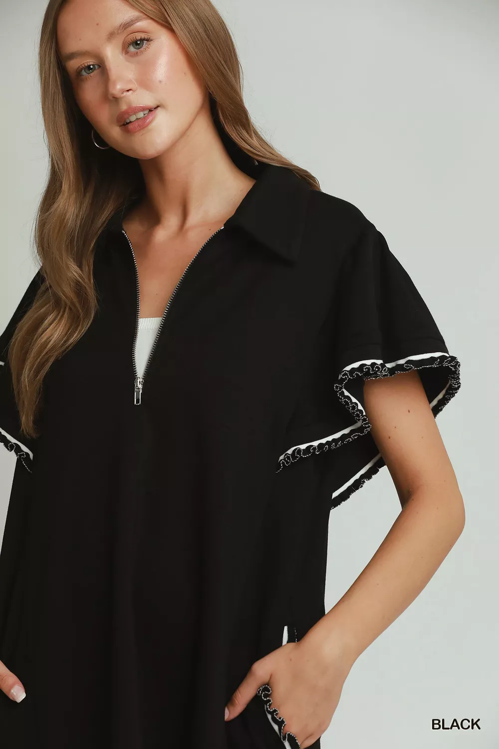 Half Zip Ruffle Rib Band Butterfy Sleeve Mini Dress with Pockets, image 5
