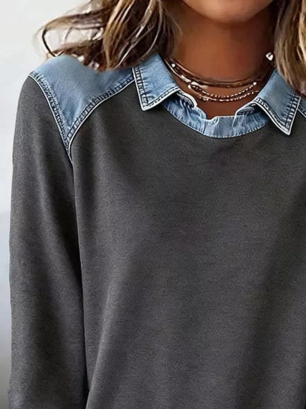 Full Size Denim Trim Long Sleeve Top Plus Size, image 6