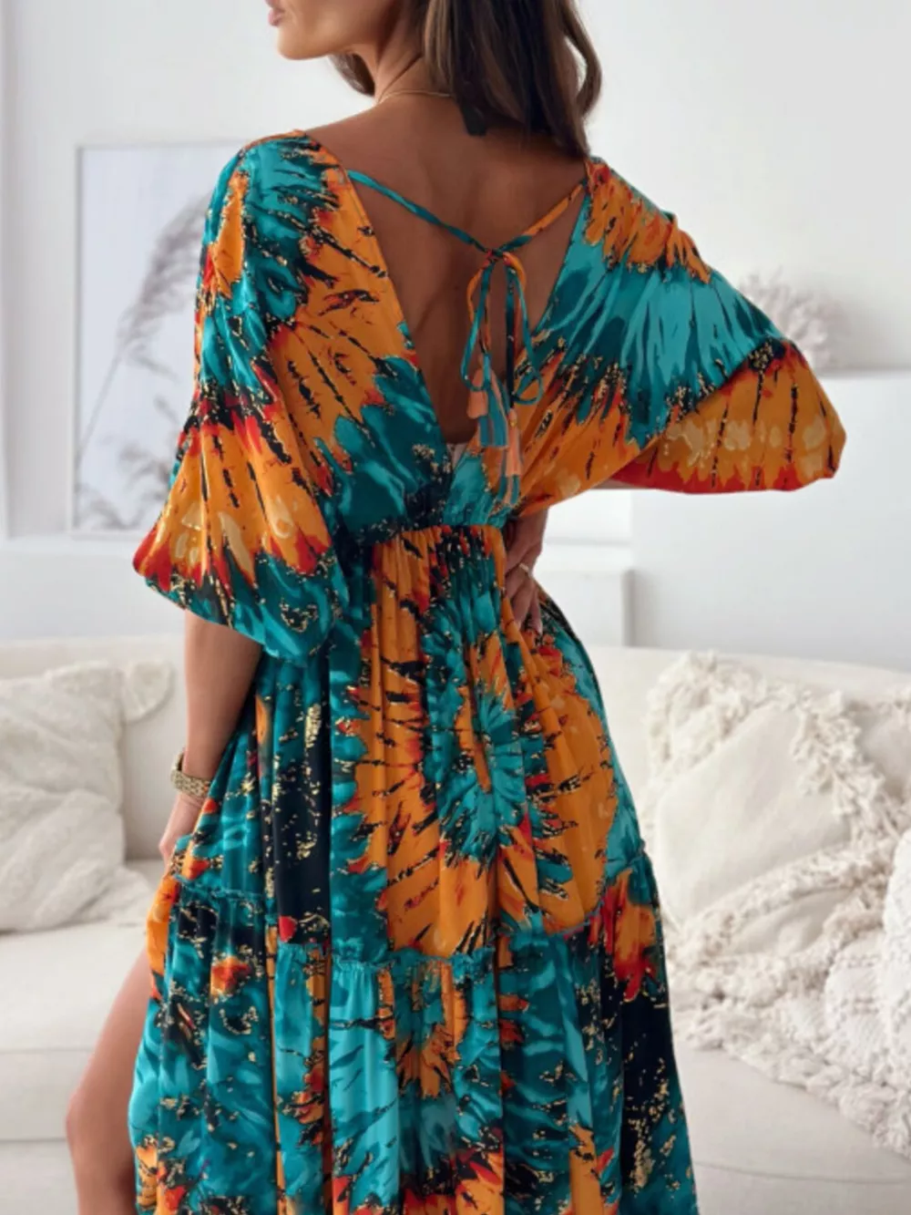 Printed V-Neck Balloon Sleeve Slit Maxi Dress, image 13