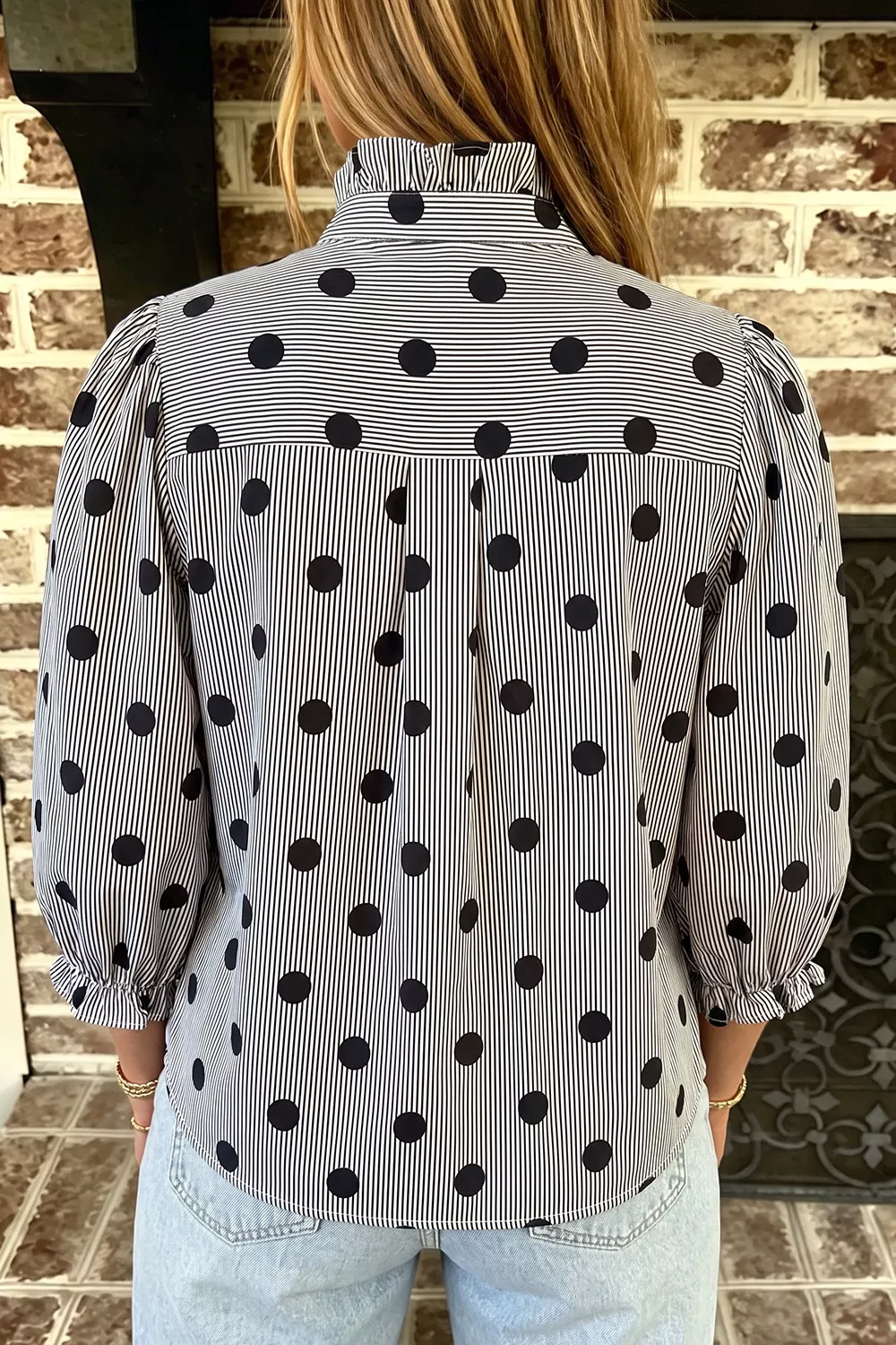 Polka Dot Ruffled Stand-Collar Shirt, image 5