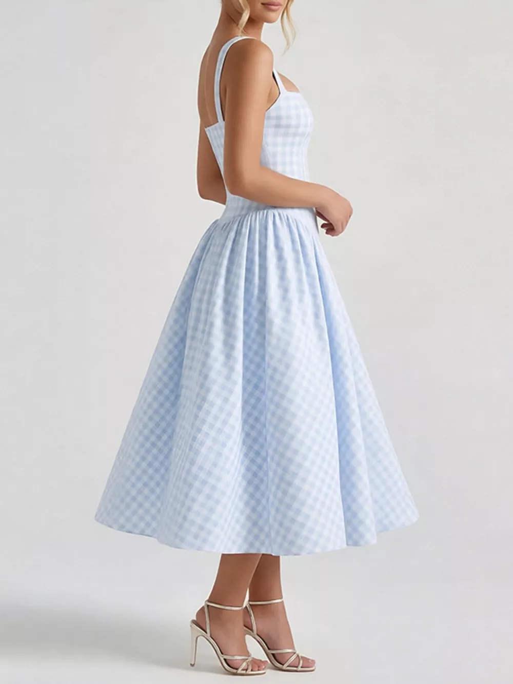 Full Size Plaid Square Neckline Midi Dress Plus Size, image 9