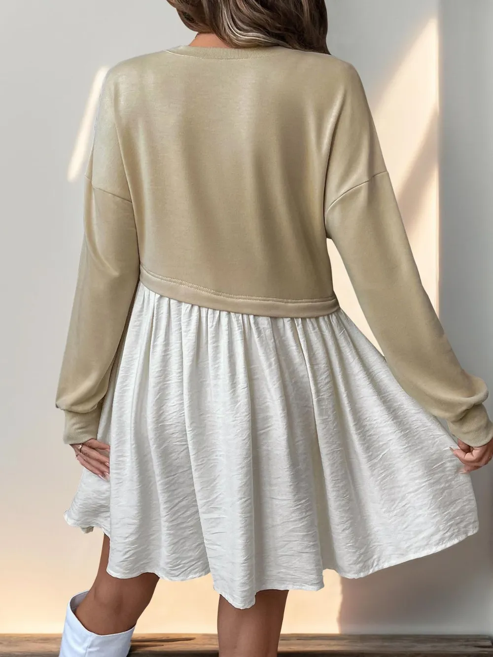 Contrast Round Neck Long Sleeve Mini Dress, image 4