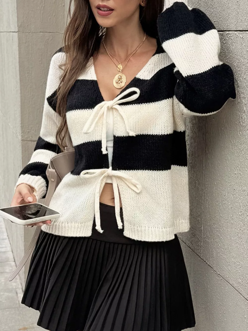 Striped Tie-Front Knit Cardigan, image 2