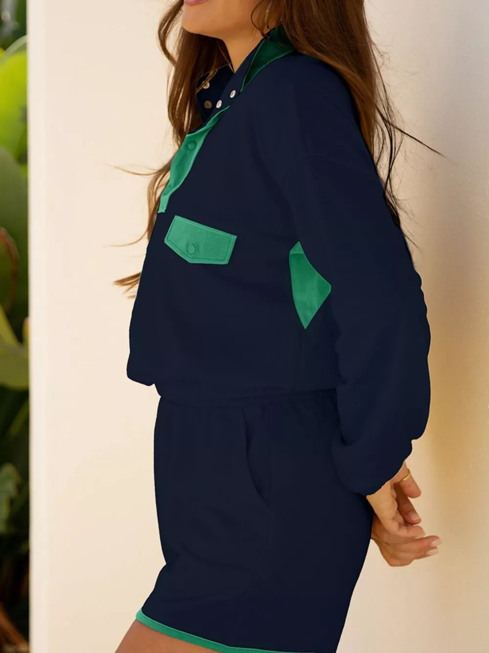 Color Block Patchwork Half Button Pullover and Shorts 2pcs Outfit, image 6