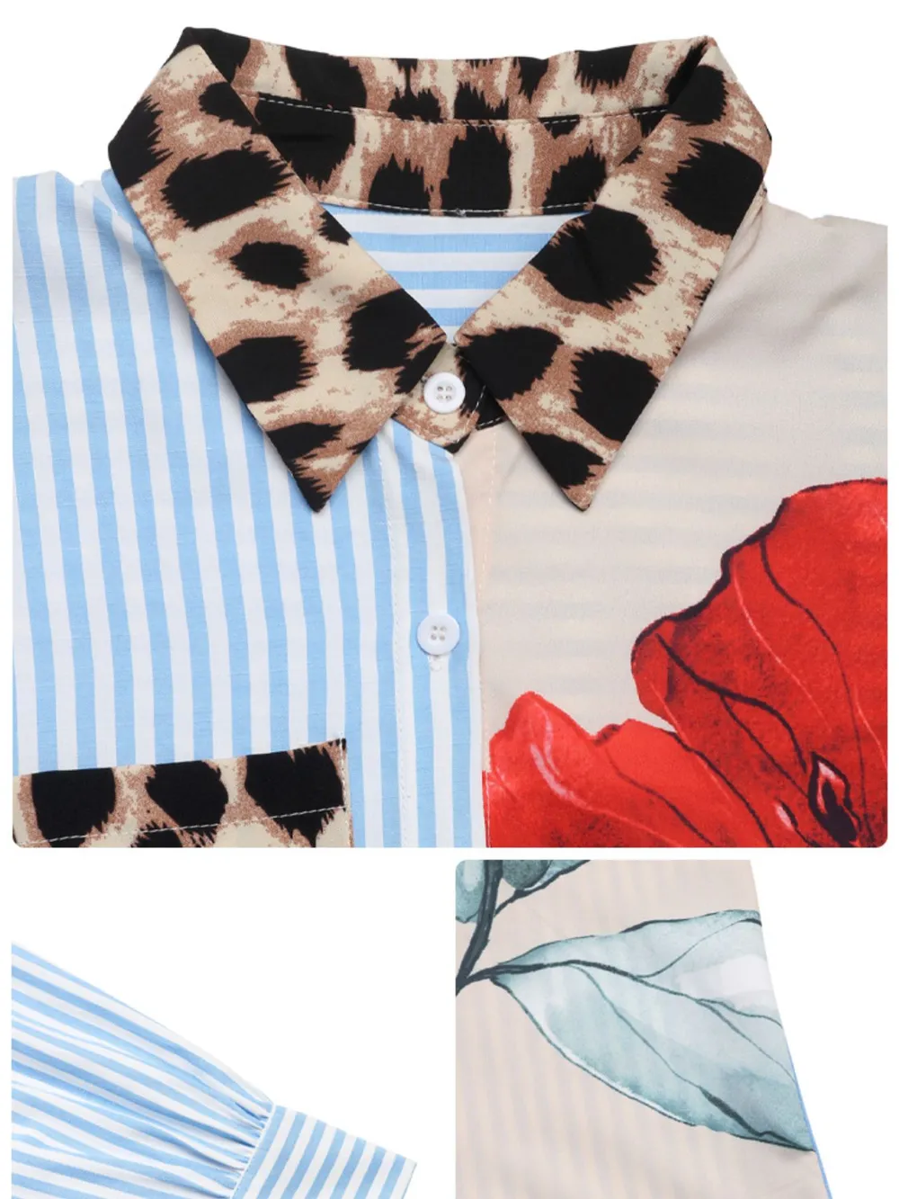 Leopard Floral Striped Casual Button-Up Shirt, image 4