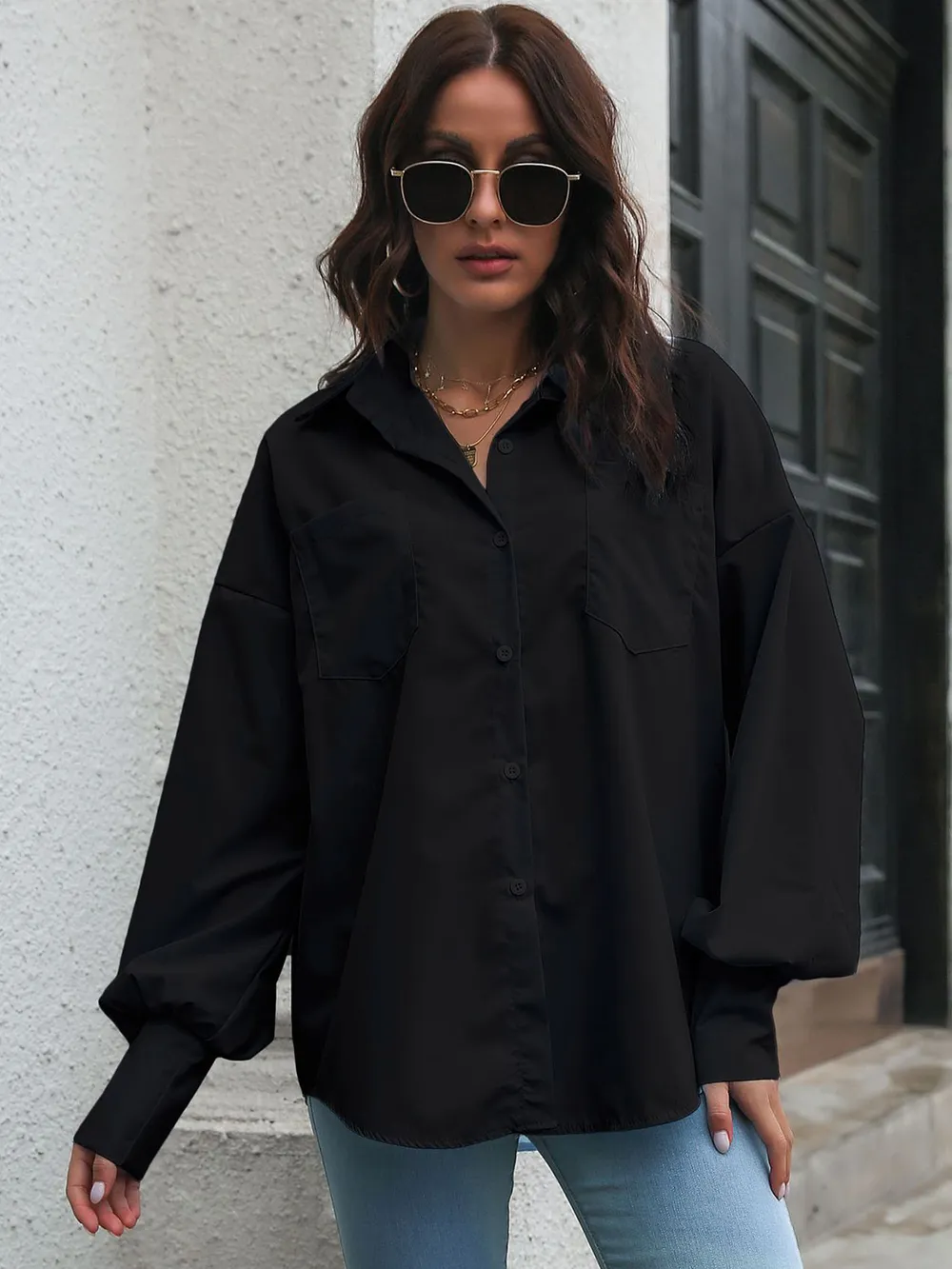 Button Up Dropped Shoulder Lantern Sleeve Shirt, image 14
