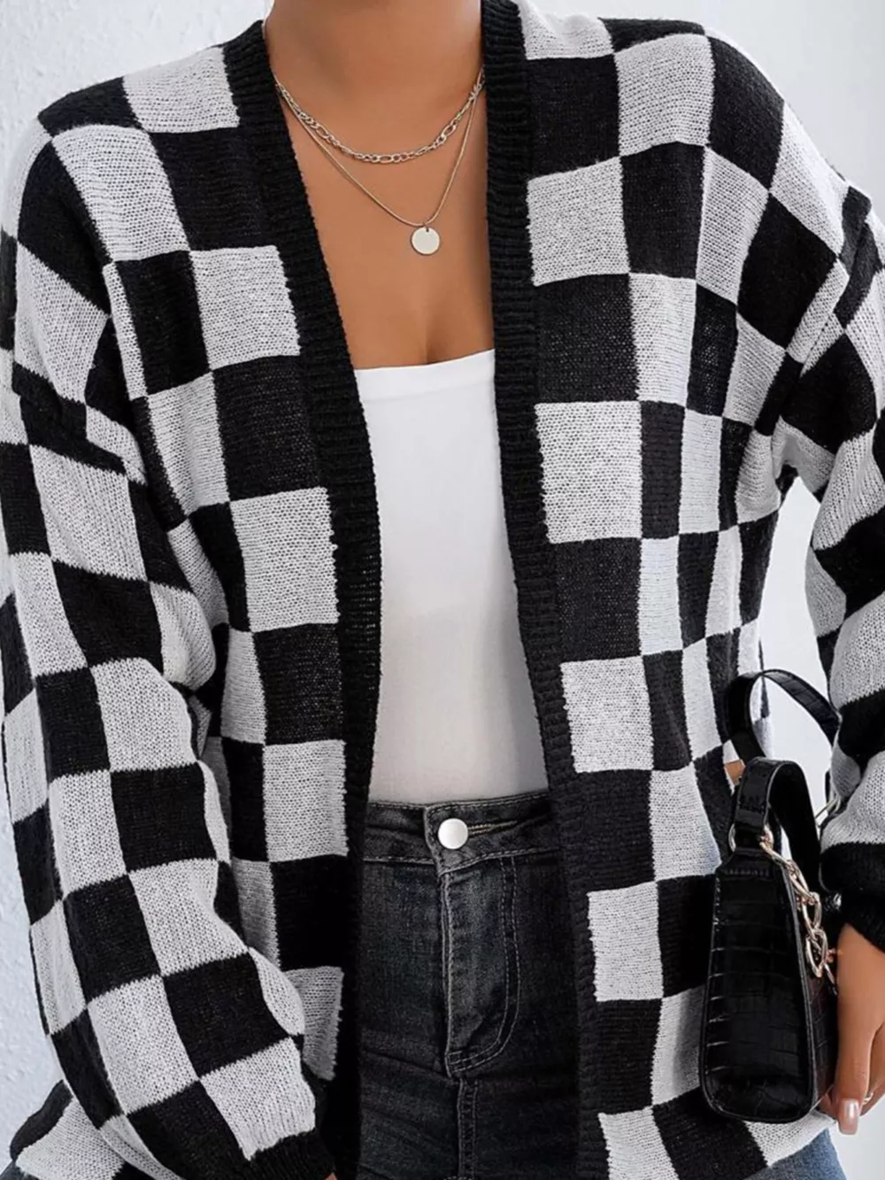 Checkerboard Pattern Open Front Knit Cardigan, image 7