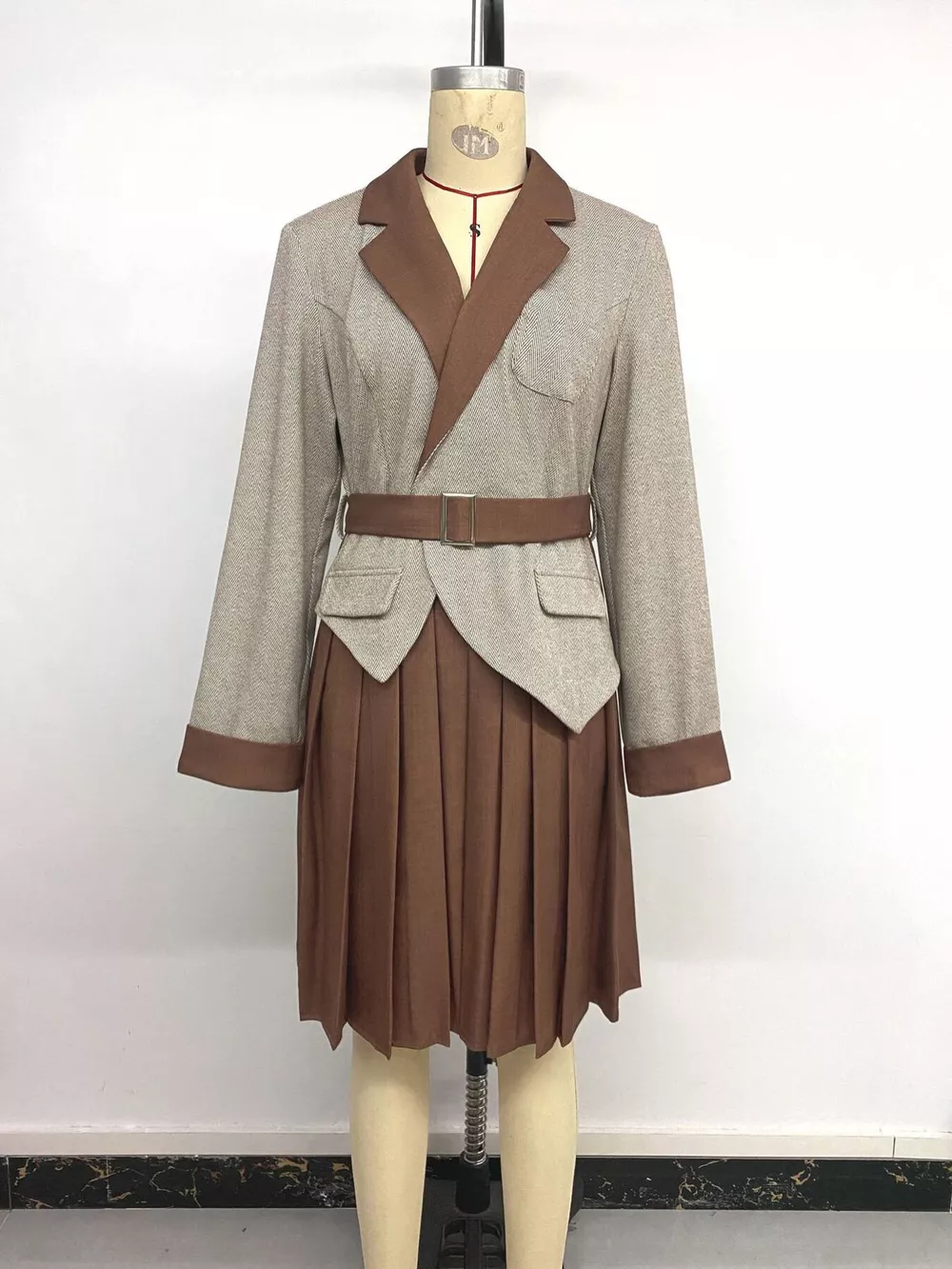 Pleated Patchwork Blazer Belt Dress, image 15