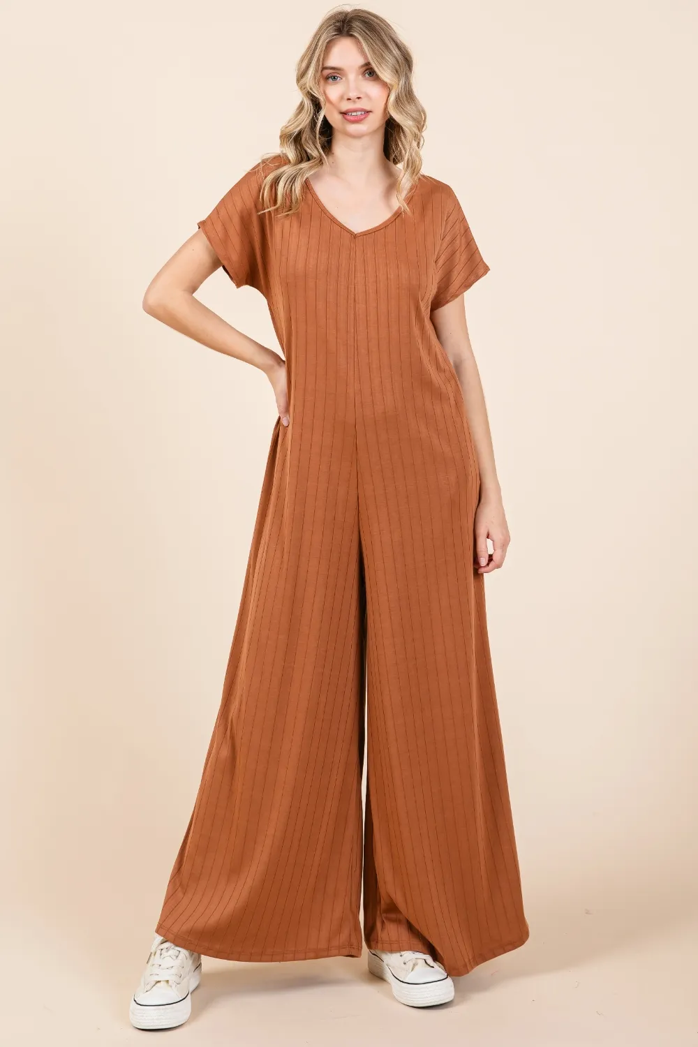 Ribbed Short Sleeve Wide Leg Jumpsuit, image 4