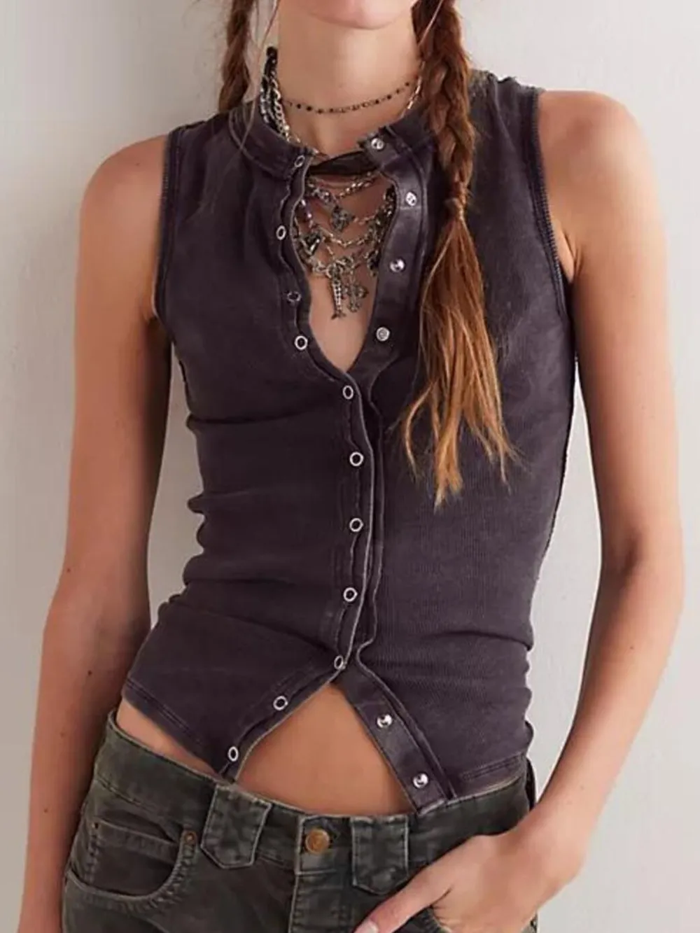 Snap Down Round Neck Ribbed Slim Tank Vest