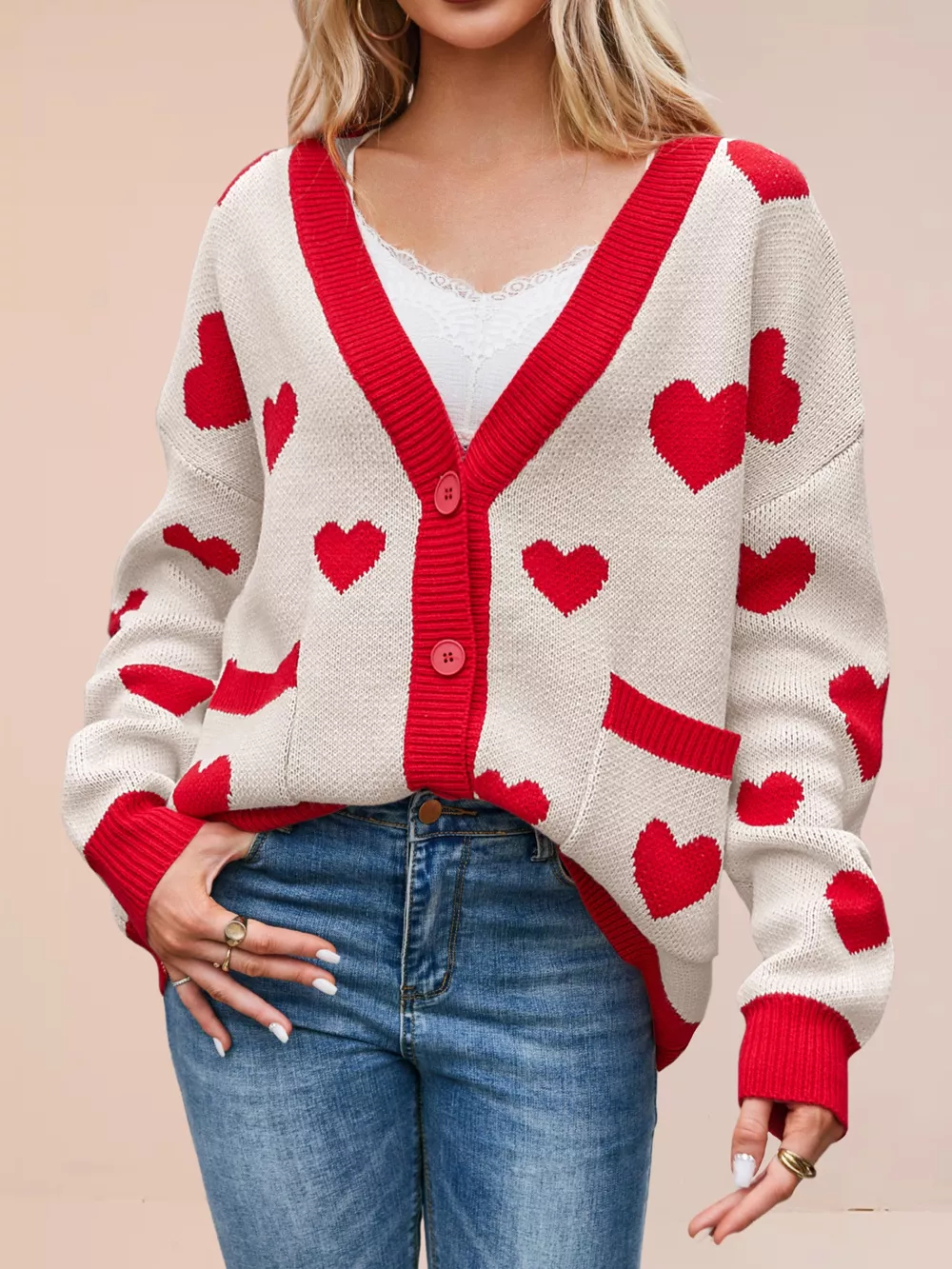 Heart Pattern Button-Up Knit Cardigan, image 9