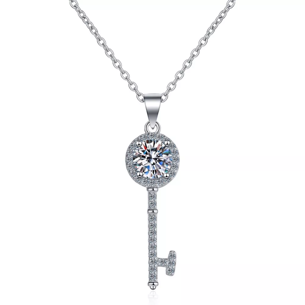1 Carat 925 Sterling Silver Moissanite Key Pendant Necklace, image 3
