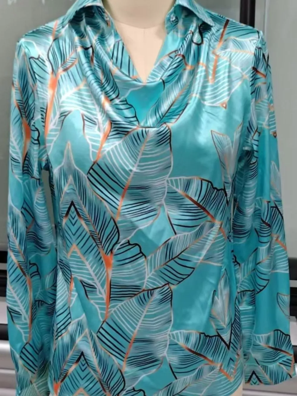 Full Size Satin Leaf Print Button Up Shirt Plus Size, image 3