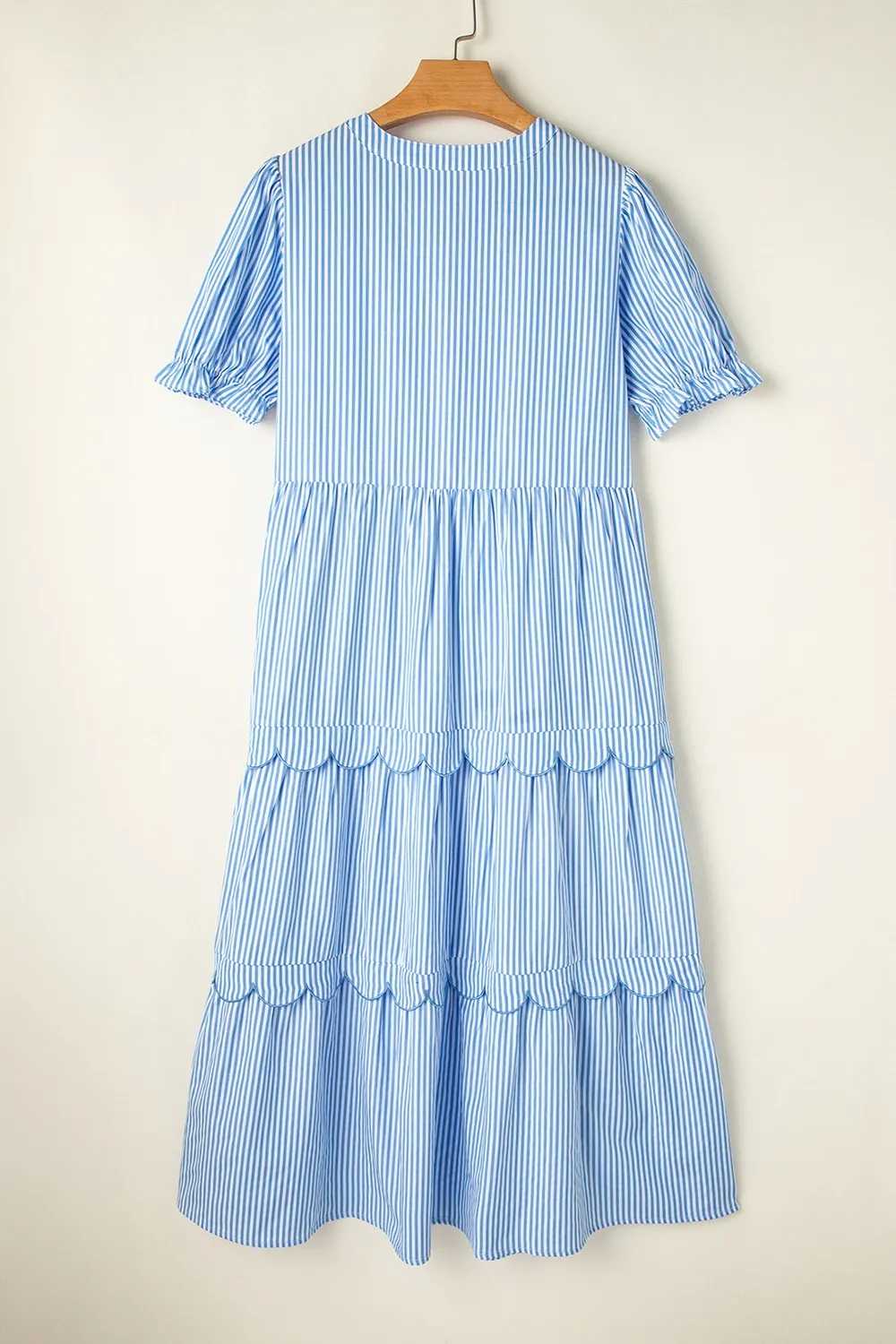 Stripe Bubble Short Sleeve Tiered Scallop Midi Dress, image 8