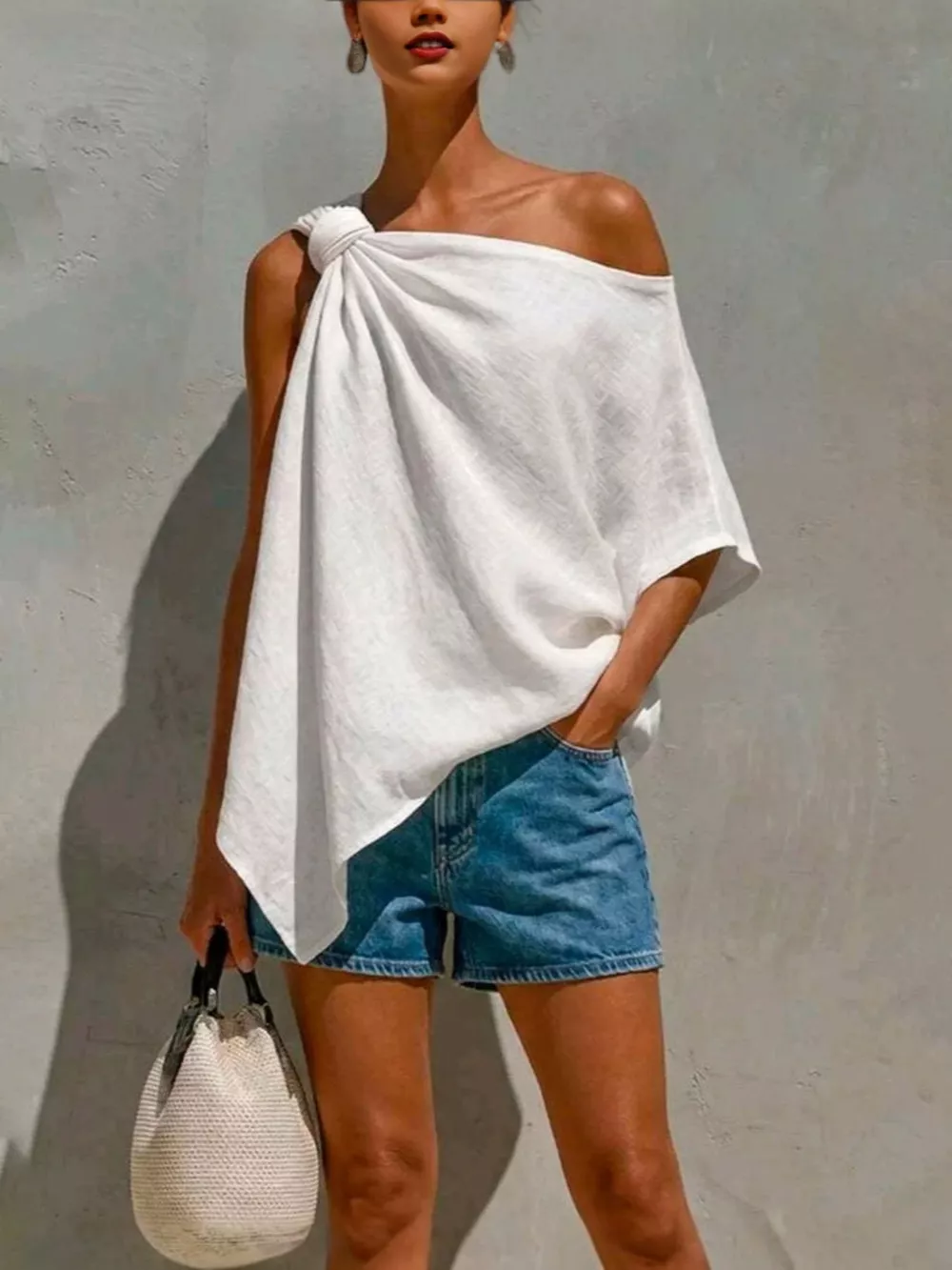 Full Size One-Shoulder Knot Detail Blouse Plus Size, image 5