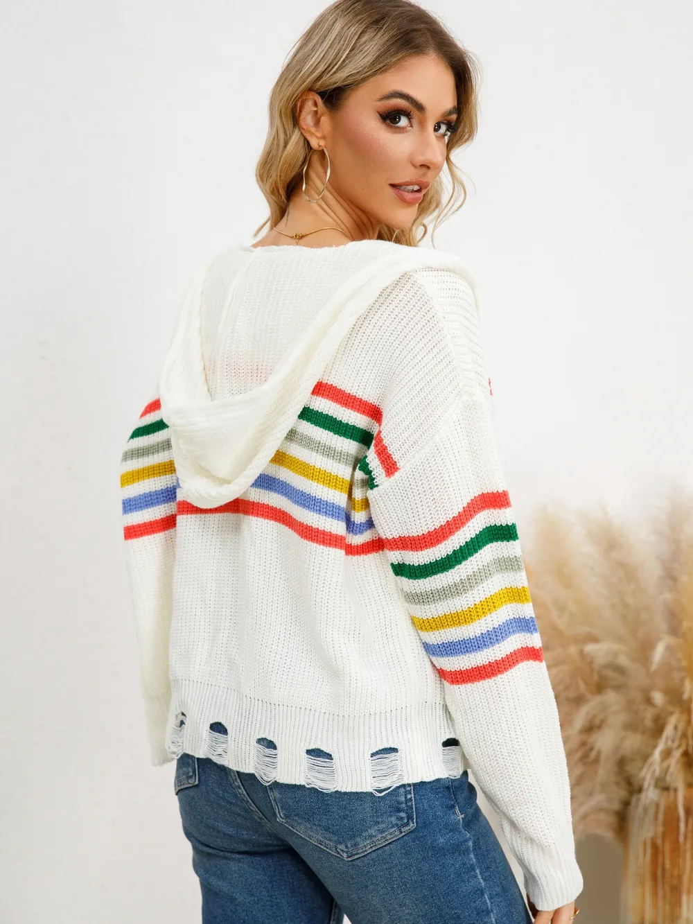 Drawstring Striped Dropped Shoulder Hooded Cardigan, image 2