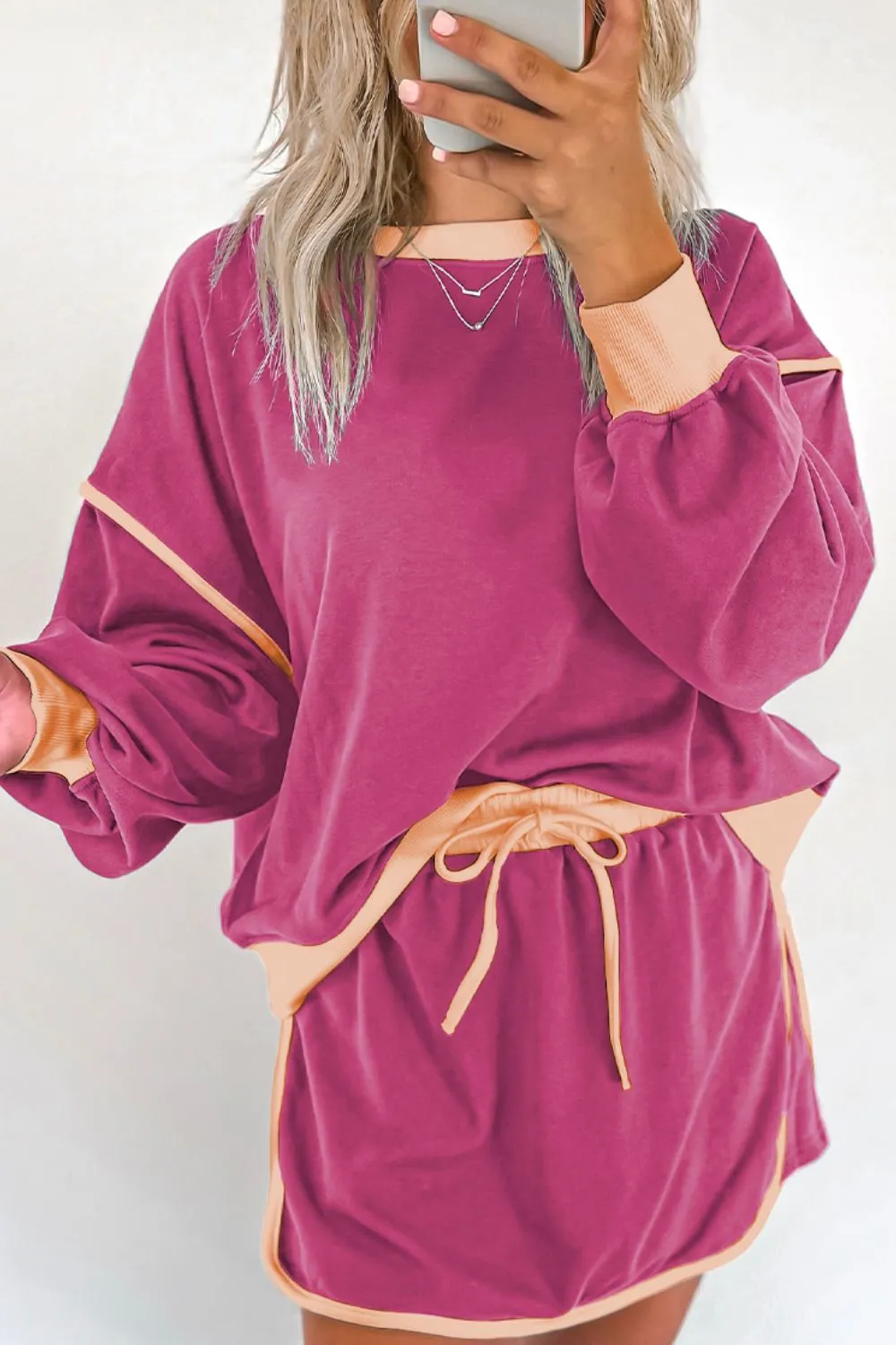 Contrast Trim Round Neck Top and Skort Set, image 20