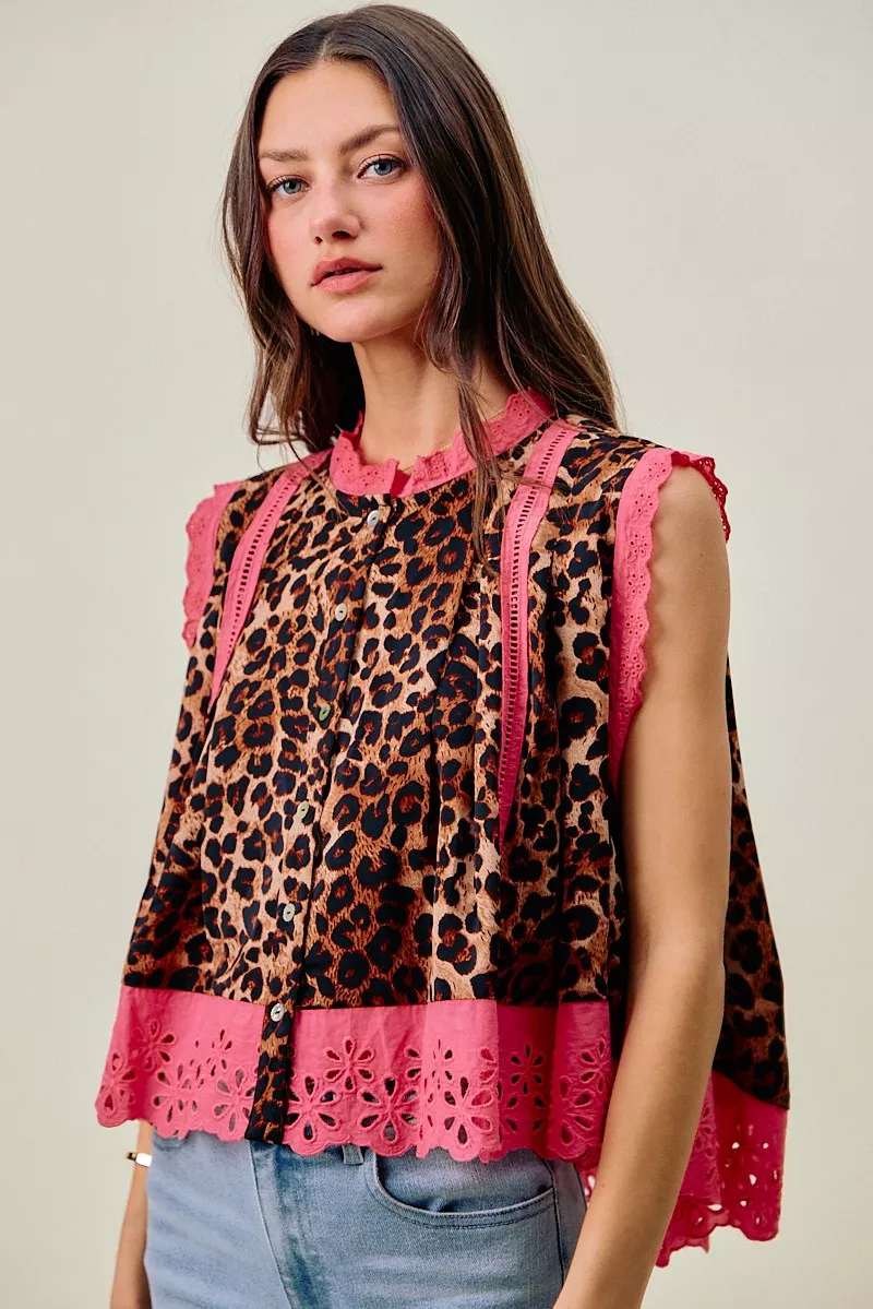 Leopard Button Up Pleated Sleeveless Blouse, image 10