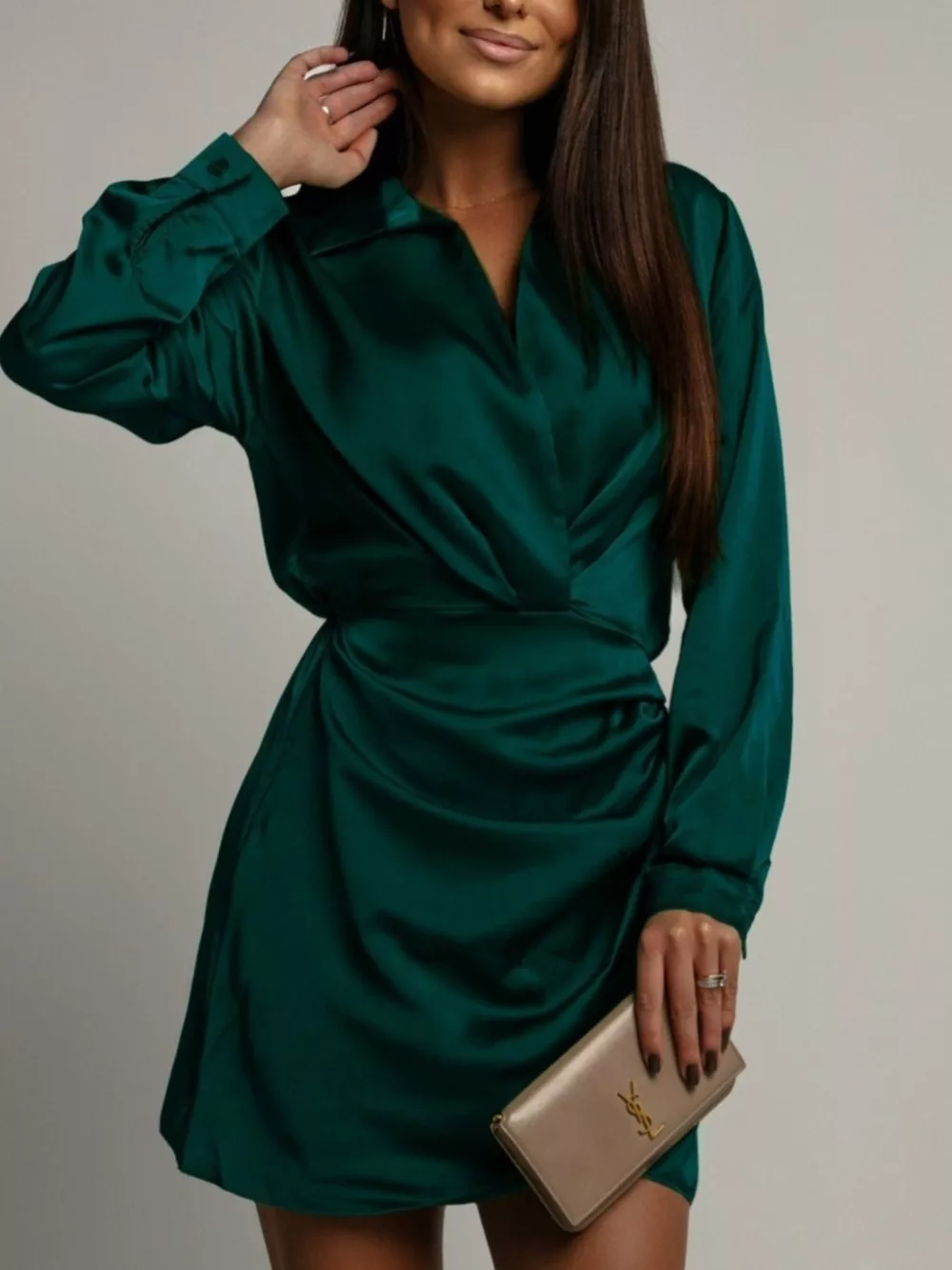 Collared Neck Long Sleeve Satin Dress, image 7