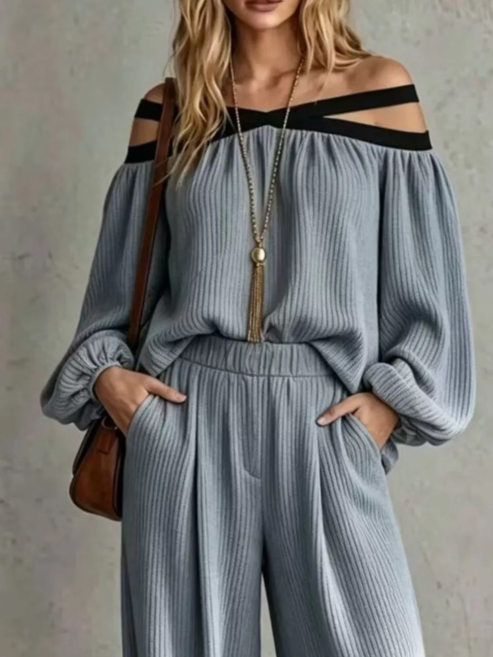 Off-Shoulder Crisscross Cutout Ribbed Knit Top and Wide-Leg Pants Set, image 5