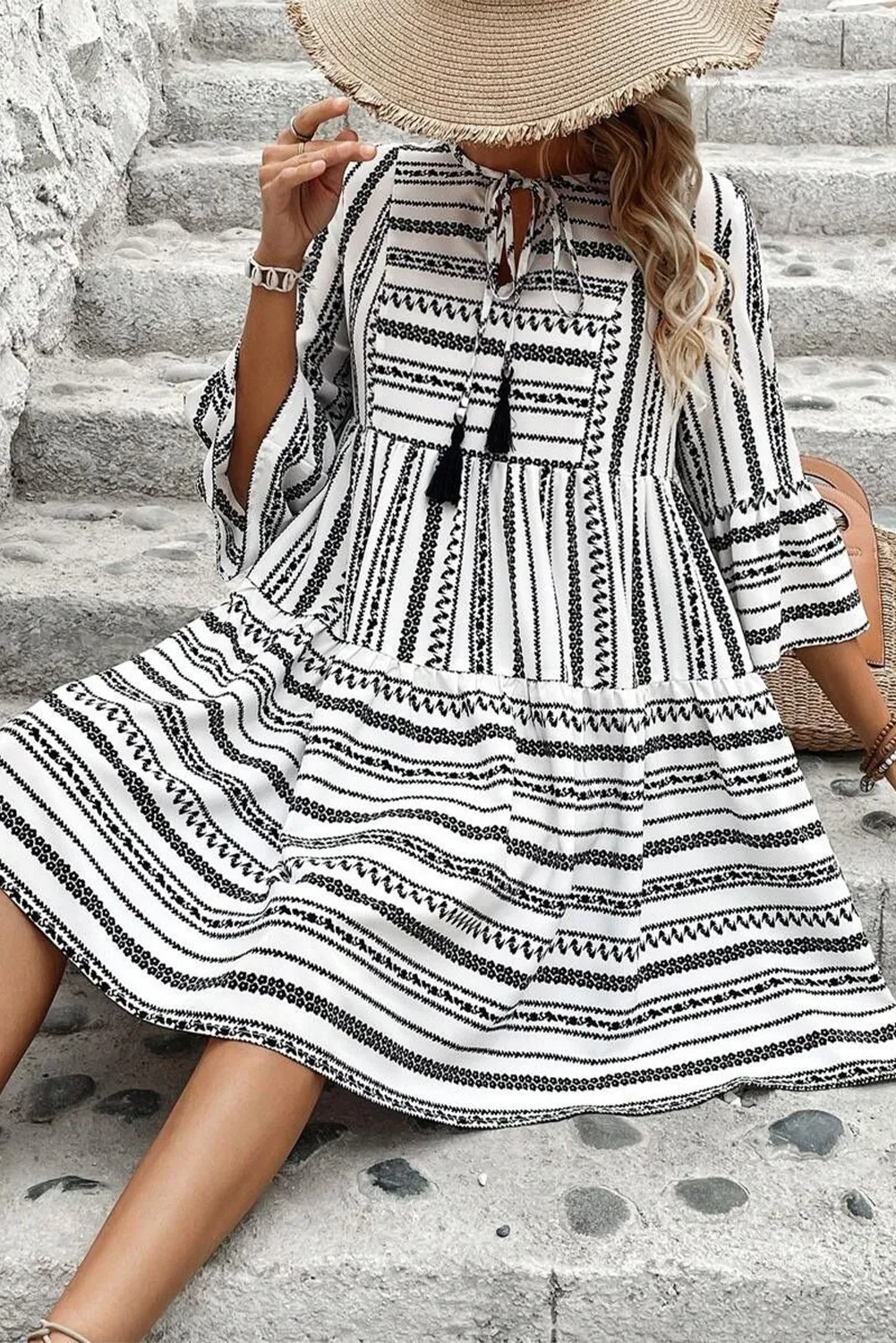 Printed Tie Neck Three-Quarter Sleeve Mini Dress, image 5
