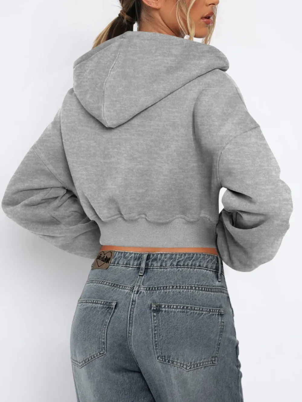 Zip Up Long Sleeve Hooded Cropped Jacket, image 3