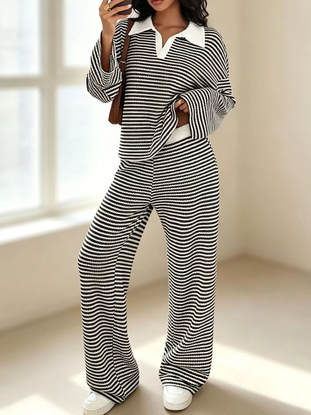 Striped Long Sleeve Polo and Wide-Leg Pants Set, image 7