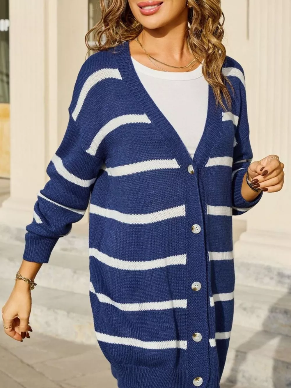 Striped Button-Down Knit Cardigan, image 6